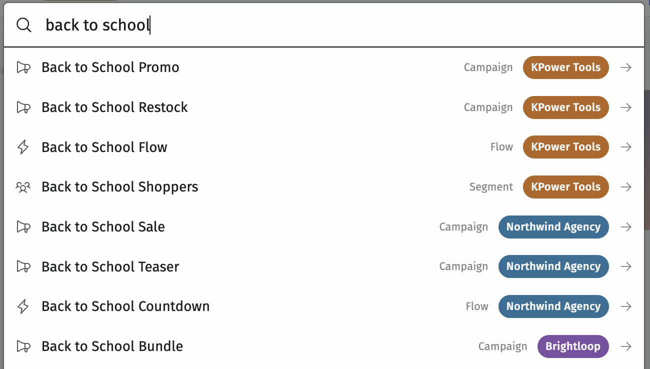 Searching &ldquo;back to school&rdquo; across multiple Klaviyo accounts, with color-coded badges showing which account each result belongs to