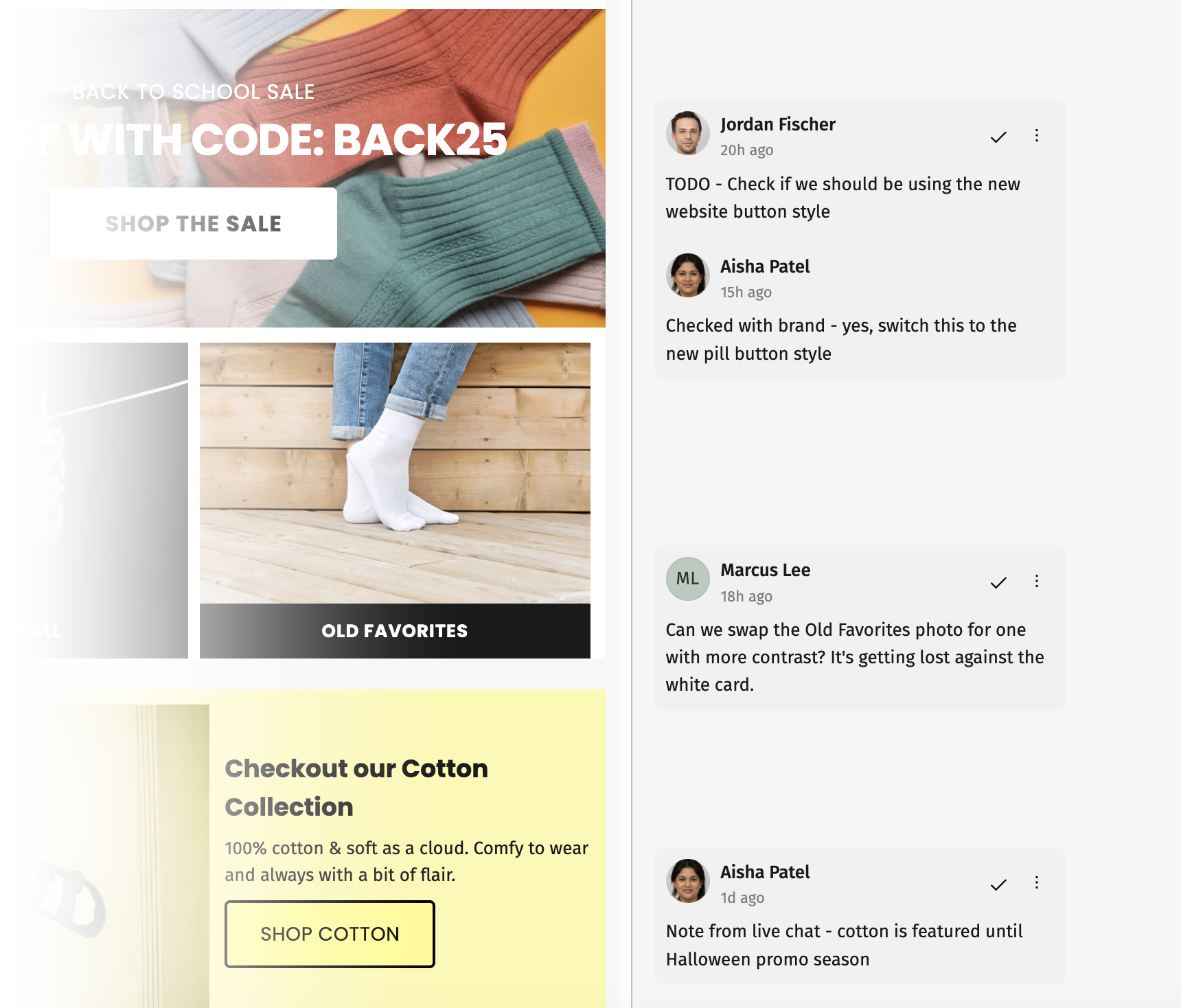 A shared Huddle preview link with inline comments from teammates reviewing a campaign