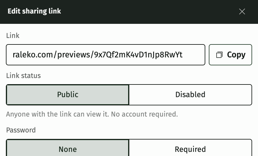 The Edit sharing link dialog: a public preview link, link status toggle, and optional password protection