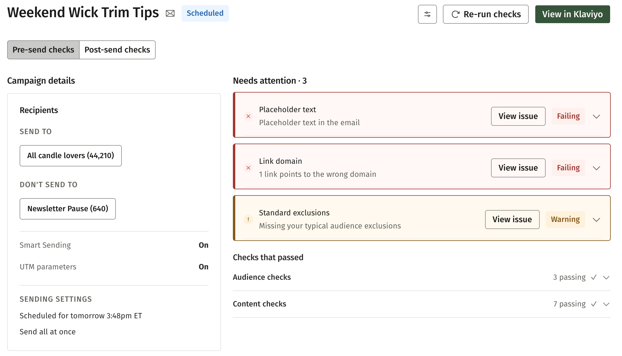 Whistle's pre-send checks flag placeholder text, a wrong link domain, and missing audience exclusions in a scheduled Klaviyo campaign.