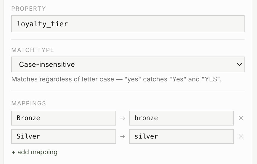 A standardization rule for loyalty_tier, matching case-insensitively and mapping Bronze to bronze and Silver to silver