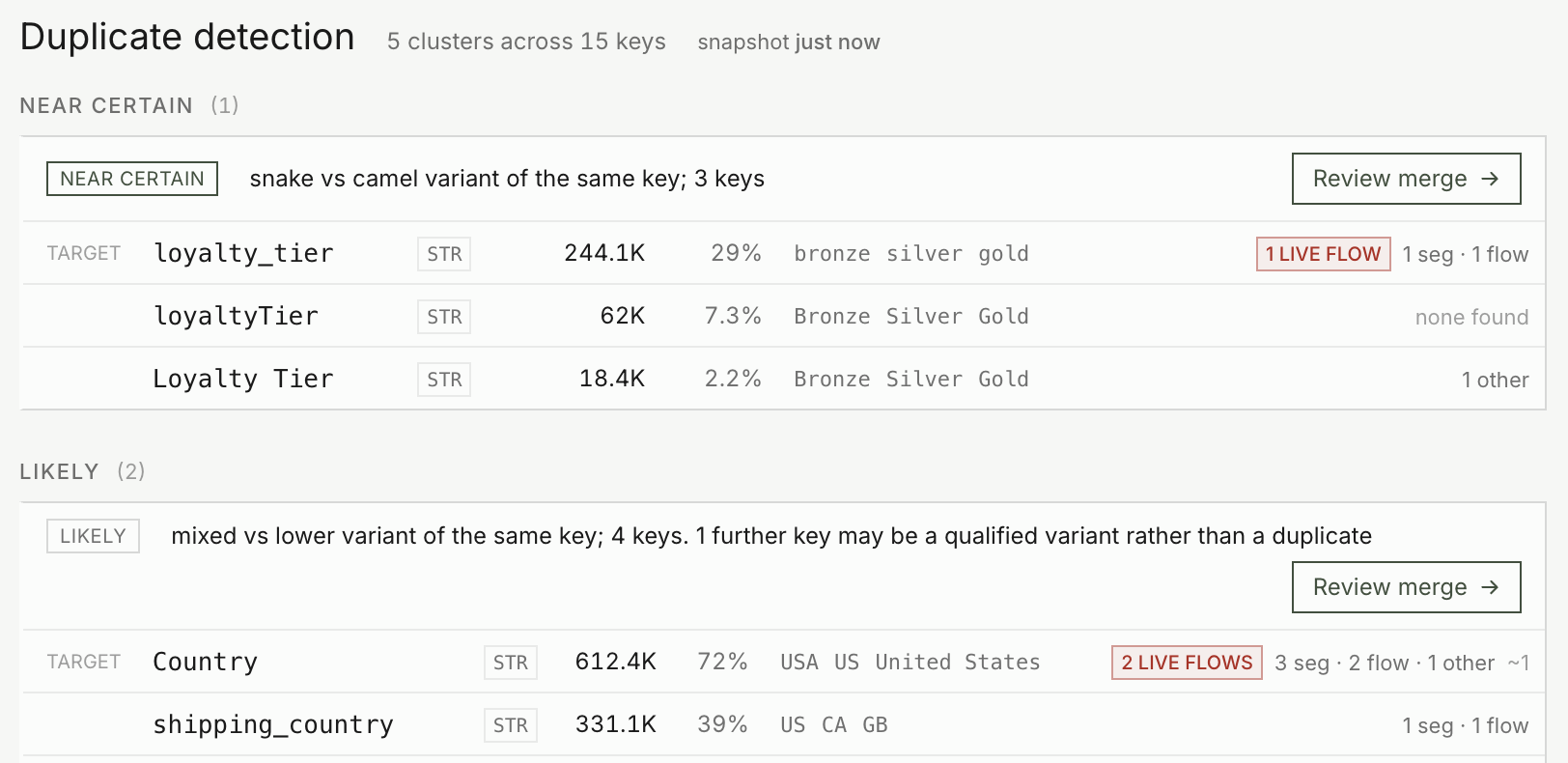 Duplicate detection results grouped into near-certain and likely clusters, such as loyalty_tier, loyaltyTier, and Loyalty Tier