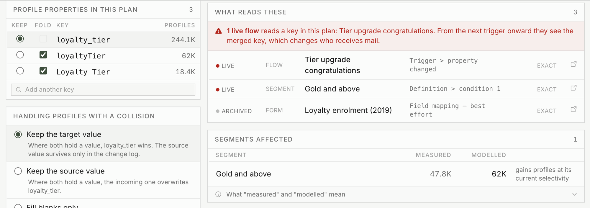 A merge plan showing a live flow, segment, and archived form that read the loyalty_tier key before the merge